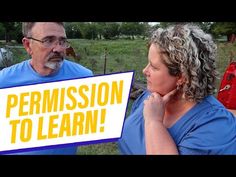 a man and woman standing next to each other in front of a sign that says permision to learn