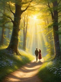 a painting of a man and woman walking down a path in the woods at sunset