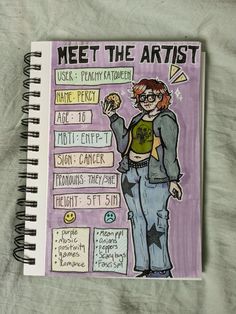 a notebook with a drawing of a person holding a donut and the words meet the artist on it