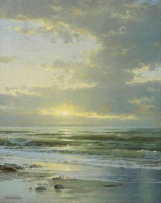 an oil painting of the ocean with waves coming in to shore and sun shining through clouds