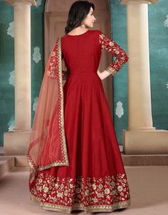 Heavy Designer Wedding Wear Anarkali Processing Time : 7-10 Business Days Work : Embroidery Work Fabric: Top : Net Bottom : santool Dupatta : Net Color: Top : Maroon Bottom : Maroon Dupatta : Maroon Embroidery Anarkali, Black Pakistani Dress, Net Anarkali, Red Anarkali, Indian Dresses Online, Silk Anarkali, Party Wear Gown, Designer Anarkali, Traditional Indian Outfits