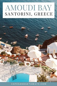 an aerial view of the amadi bay in san antonio, greece with text overlay