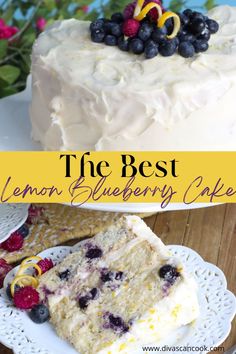 a close up of a cake with berries on top and the words moist lemon blueberry cake