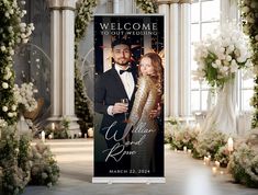 a welcome sign for a newly married couple in front of an arch with flowers and candles