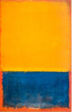 an abstract painting with blue, yellow and orange