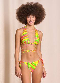 Maaji Magnetic Super 70S Sliding Halter Bikini Top Bold Swimwear For Spring Beach Season, Bold Spring Beach Swimwear, Multicolor Triangle Swimwear Beachwear, Multicolor Triangle Swimwear For Beachwear, Multicolor Triangle Beachwear Swimwear, Summer Party Triangle Swimwear, Multicolor Halter Top With Tie-side Bottom For Summer, Summer Multicolor Halter Top With Tie-side Bottom, Retro Party Swimwear For Beach Season