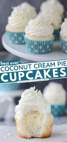 cupcakes with white frosting sitting on top of a cake plate next to the words best ever coconut cream pie cupcakes