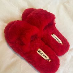 Red Plush Slippers. Size 7. Red Fluffy Slippers, Bur Basket, Hermes Slippers, Red Slides, Fuzzy Slides, Leopard Slippers, Christmas Slippers, Indoor Outdoor Slippers, Red Slippers