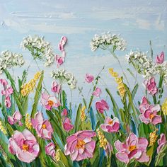 an oil painting of pink and white flowers on a blue sky with clouds in the background