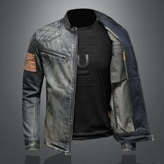 Urban Spring Biker Jacket For Outdoor, Fitted Biker Jacket For Spring Outdoor, Fitted Casual Biker Jacket For Outdoor, Casual Patchwork Biker Jacket For Streetwear, Denim Biker Jacket For Fall Streetwear, Fall Denim Biker Jacket For Streetwear, Casual Winter Biker Jacket With Patchwork, Denim Long Sleeve Biker Jacket For Winter, Denim Long Sleeve Biker Jacket For Streetwear