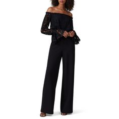 Black crepe with lace bodice (95% Polyester, 5% Elastane). Jumpsuit. Long sleeves. Off-the-shoulder neckline. Hidden back zipper with hook-and-eye closure. Partially lined. See size and fit tab for lengths. Imported. Stretch Off-shoulder Jumpsuit For Party, Black Fitted Off-shoulder Strapless Jumpsuit, Black Embellished Off-shoulder Dress, Black Stretch Off-shoulder Jumpsuits And Rompers, Black Stretch Off-shoulder Long Sleeve Top, Off Shoulder Jumpsuit, Stretch Crepe, Adrianna Papell, Rent The Runway