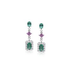 Ross-Simons - .70ct t. w. Emerald, .26ct t. w. Diamond Drop Earrings, .20ct t. w. Pink Sapphires. Steeped in classic sparkle, these elegant drop earrings boast .70 ct. t. w. emeralds elevated by .26 ct. t. w. round brilliant-cut diamonds. Pretty .20 ct. t. w. pear-shaped pink sapphires offer an unexpected burst of color that adds fresh, modern energy to this refined pair. Crafted in polished 14kt white gold. Hanging length is 3/4". Post/clutch, pink sapphire, diamond and emerald drop earrings. E Formal Multi-stone Diamond Earrings, Multi-stone White Gold Earrings For Formal Occasions, Elegant Multi-stone Cluster Earrings For Formal Occasions, Emerald Drop Earrings, Emerald Earrings Drop, Emerald Birthstone, May Birthday, Light Summer, Diamond Drop Earrings