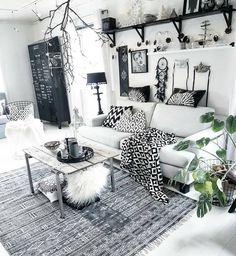 black and white living room with couches, tables, rugs and pictures on the wall