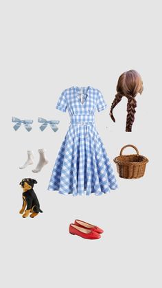 the doll is dressed in blue and white checkered dress, shoes, and accessories