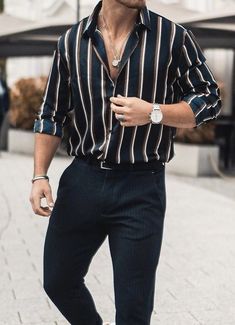 Formal Summer Outfits Men, Casual Formal Outfit Men, Vertical Striped Shirt Outfit, Striped Shirt Outfit Men, Outfits With Striped Shirts, Vertical Striped Shirt, Formal Dresses For Men, Cuban Shirts, Shirt Outfit Men