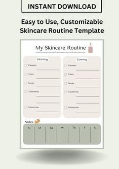 Easy to Use, Customizable Skincare Routine Template.  Following the steps to beautiful skin can be overwhelming. Allow this guide to help you organize your steps so you can focus less on getting it right and more on glowing ✨ . Included in this template are steps from cleansing to moisturizing and an additional section for those products you only use certain days of the week. Find your self empowerment through your beautiful glowing skin! Skincare Routine Template, Skincare Routine Guide, Routine Template, Beautiful Glowing Skin, Morning Skin Care Routine, Self Empowerment, Cleanser And Toner, Days Of The Week, Oct 31