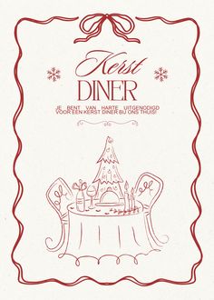 a red and white christmas dinner menu with an image of a table set for two