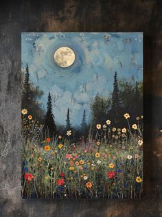 a painting of flowers and trees with the moon in the sky above them on a black background