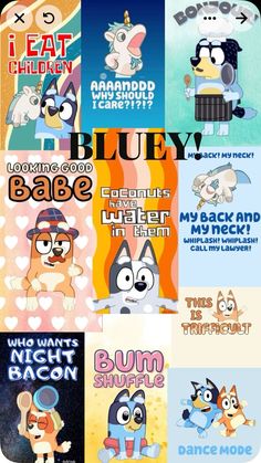 an image of cartoon characters in different colors and fonts, with the words blue on them