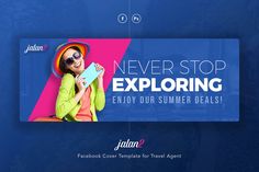 a facebook cover with a woman holding a book and texting never stop exploring enjoy our summer deal