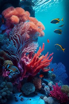 an underwater scene with corals and tropical fish