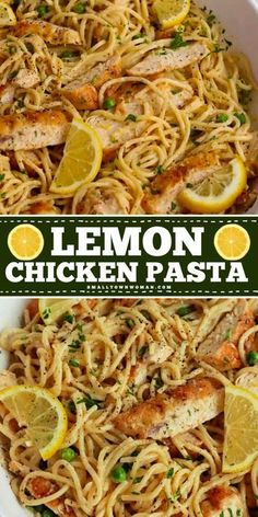 lemon chicken pasta in a white bowl