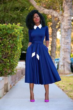 Navy 50s Midi Dress Navy Blue Corporate Dress, Classy Feminine Outfits, Modest Work Outfits, Corporate Gowns, Navy Blue Dress Casual, Long Flowing Dresses, Navy Blue Gown, Corporate Dress