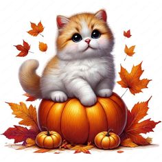 a cat sitting on top of a pumpkin surrounded by leaves