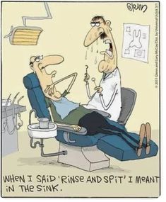 a cartoon depicting a dentist talking to a patient who is sitting in the chair with his mouth open