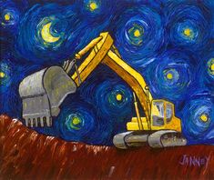 a painting of a yellow excavator in the starry night