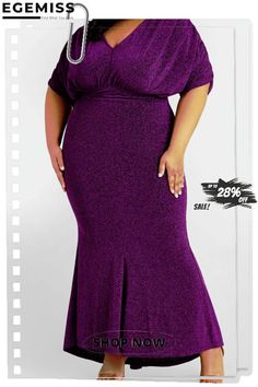 Purple Sexy Solid Patchwork V Neck Evening Dress Plus Size Purple Stretch Maxi Dress For Party, Purple Stretch Maxi Dress For Night Out, Purple Stretch V-neck Bodycon Dress, Non-stretch Purple Party Dress, Purple Short Sleeve Bodycon Party Dress, Purple Short Sleeve Bodycon Dress For Party, Evening Dress Plus Size, Flattering Outfits, Evening Dresses Plus Size