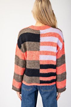 Introducing the must-have Avalynn Color Block Striped Sweater! Crafted with soft and comfortable fabric, this sweater features a stylish color block design with bold stripes. Perfect for any occasion, this sweater will keep you warm and fashionable. Upgrade your wardrobe today! Color Block Sweater For Fall Layering, Winter Striped Color Block Sweater, Striped Color Block Sweater For Winter, Multicolor Color Block Sweater For Layering, Trendy Striped Soft Knit Sweater, Striped Color Block Tops For Winter, Cozy Striped Sweater For Fall, Trendy Crew Neck Sweater With Contrast Stripes, Striped Color Block Sweater For Layering