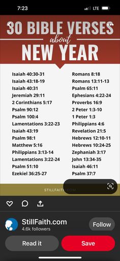 the bible app on an iphone with text that reads 30 bible verses about new year