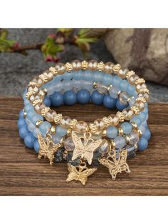 4pcs/Set Crystal Butterfly Layered Beaded Bracelet Blue Fashionable        Women Fashion Jewelry, size features are:Bust: ,Length: ,Sleeve Length: Bracelet Set Ideas, Bracelets Aesthetic, Jewelry Butterfly, Butterfly Crystal