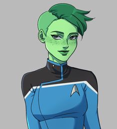 a woman with green hair wearing a blue uniform