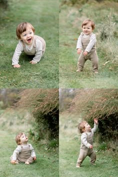 a baby crawling in the grass with his mouth open and tongue out, while another child looks up at him