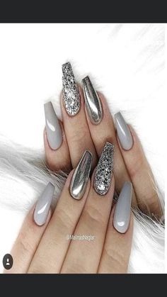 Trendy Nail Art Summer, Ballerina Nails Designs, Ballerina Nail, Grey Nail Art, Silver Nail Designs, Glitter Nails Acrylic, Gray Nails