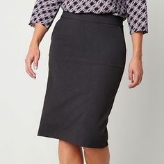 This Liz Claiborne women's pencil skirt is a classic style choice for a day of meetings or a casual event. Cut from smooth stretch-twill, this midi-length style has a flat front waist with a back zip closure. Complement it with a fine-knit sweater or blouse.Front Style: Flat FrontFeatures: Stretch FabricClosure Type: ZipperClosure Location: BackRise: Mid RiseApparel Length: 26 InchesFiber Content: 75% Polyester, 19% Rayon, 6% ElastaneFabric Description: Twill, WovenLining: LinedSkirt Length: Kne Tailored Pencil Skirt For Office, Fitted Lined Skirt For Business Casual, Relaxed Fit Pencil Skirt, Tailored Lined Pencil Skirt For Office, Relaxed Pencil Skirt For Office Wear, Classic Fitted Midi Pencil Skirt, Pencil Skirt For Business Casual With Lining, Office Lady Pencil Mini Skirt With Lining, Classic Lined Pencil Skirt For Business Casual