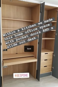 an open closet with the words written on it and some drawers in front of it