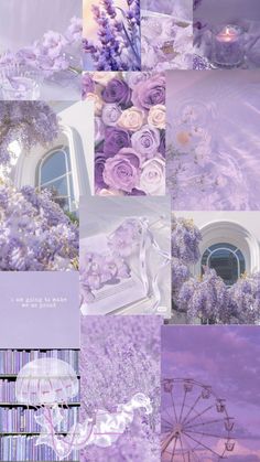 a collage of purple and white flowers with a ferris wheel in the background is shown