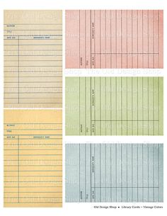 four sheets of paper with lines and numbers on each side, all lined up in different colors