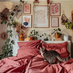 a cat sitting on top of a bed covered in red sheets