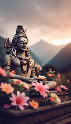 a statue sitting on top of a wooden bench surrounded by flowers and mountains in the background