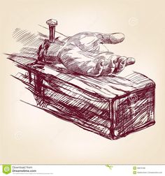 an ink drawing of a dead body on top of a box with a hammer in it