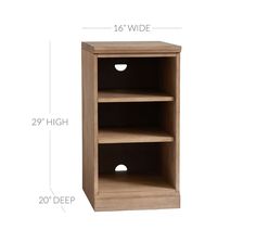 a wooden shelf with two open shelves on each side and measurements for the top section