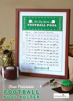 a printable football poster is displayed in front of a cupcake and other items