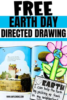 an open book with the title free earth day directed drawing on it and a cartoon flower