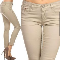 Solid, Cropped, Ankle-Length With A Cropped Hem In A Khaki Color. Fabric ~ Denim Material Don't Forget To Bundle & Save! Casual Beige Cropped Leg Jeans, Beige Stretch High Rise Jeans, Casual Beige Mid-rise Jeans, Mid-rise Cotton Bottoms With Rolled Hem, Trendy Bottoms With Rolled Hem And Cuffed Ankles, Stretch Mid-rise Bottoms With Rolled Hem, Trendy Cotton Bottoms With Cuffed Ankles, Stretch Cotton Bottoms With Rolled Hem, Mid-rise Beige Denim Pants