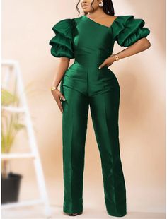 Women's Jumpsuit High Waist Solid Color V Neck Elegant Party Prom Regular Fit Short Sleeve Puff Sleeve Fuchsia Green S M L Summer 2023 - US $51.99 Stylish 2 Piece Outfits, Jumpsuit Styles Classy, Dress To Attend Wedding As A Guest, Lady Outfits Classy, Birthday Jumpsuit Outfits, Elegant Jumpsuit Classy, Stylish Jumpsuit Fashion, Jumpsuit Elegant Wedding, Semi Formal Attire For Women