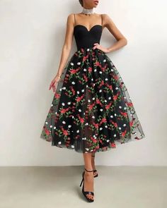 Lasaky - Floral Embroidery Sheer Mesh Ball Gown Black Floral Print Wedding Dress, Black Floral Print Dress For Wedding, Black Floral Embroidery Prom Dress, Elegant Black Floral Embroidered Dress, Elegant Black Embroidered Floral Dress, Black Dresses With Floral Applique For Spring, Elegant Black Embroidered Dress With Floral Print, Black Embroidered Dress For Summer Party, Black Embroidered Summer Party Dress